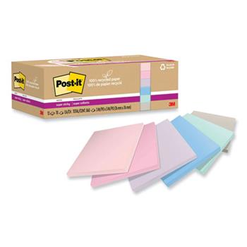 Post-it 100% Recycled Super Sticky Notes, 3&quot; x 3&quot;, Wanderlust Pastels, 70 Sheets/Pad, 12 Pads/Pack
