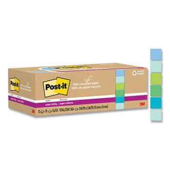 Post-it 100% Recycled Paper Super Sticky Notes, Unruled, 3 in x 3 in, Assorted Oasis Colors, 70 Sheets/Pad, 12 Pads/Pack