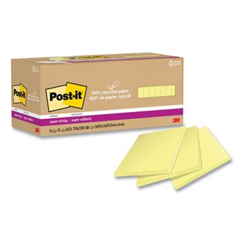 Post-it 100% Recycled Paper Super Sticky Notes, 3&quot; x 3&quot;, Canary Yellow, 70 Sheets/Pad, 24 Pads/Pack