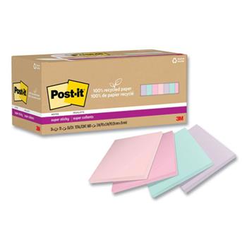 Post-it&#174; 100% Recycled Paper Super Sticky Notes, 3 in x 3 in, Wanderlust Pastels, 70 Sheets/Pad, 24 Pads/Pack