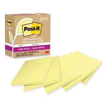 Post-it 100% Recycled Paper Super Sticky Notes, 3&quot; x 3&quot;, Canary Yellow, 70 Sheets/Pad, 5 Pads/Pack