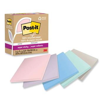 Post-it 100% Recycled Paper Super Sticky Notes, 3&quot; x 3&quot;, Wanderlust Pastels, 70 Sheets/Pad, 5 Pads/Pack