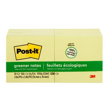 Post-it&#174; Greener Notes, 3 in x 3 in, Canary Yellow, 12/Pack