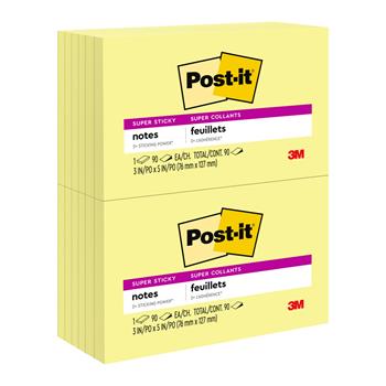 Post-it&#174; Super Sticky Notes, 3 in x 5 in, Canary Yellow, 12/Pack