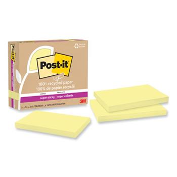 Post-it 100% Recycled Super Sticky Notes, 3&quot; x 5&quot;, Canary Yellow, 70 Sheets/Pad, 12 Pads/Pack