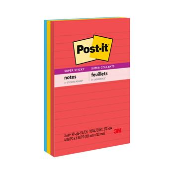 Post-it&#174; Super Sticky Notes, 4 in x 6 in, Playful Primaries Collection, Lined, 3/Pack