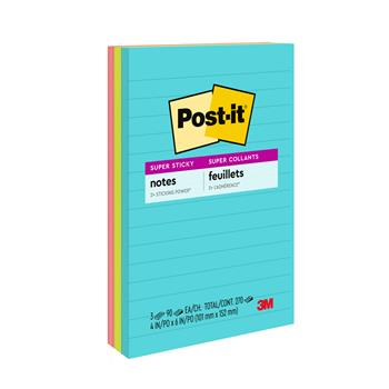 Post-it&#174; Super Sticky Notes, 4 in. x 6 in., Supernova Neons Collection, Lined, 90 Sheets/Pad, 3/Pack
