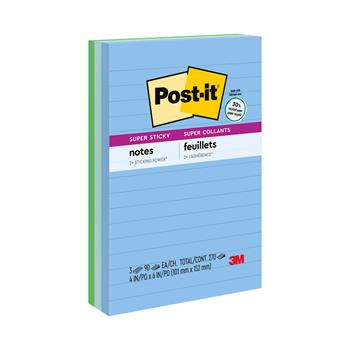 Post-it&#174; Recycled Super Sticky Notes, 4 in x 6 in, Oasis Collection, Lined, 3/Pack
