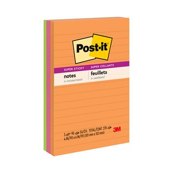 Post-it Super Sticky Notes, 4 in x 6 in, Energy Boost Collection, Lined, 90 Sheets/Pad, 3 Pads/Pack