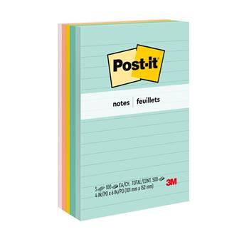 Post-it&#174; Notes, 4 in x 6 in, Beachside Cafe Collection, Lined, 100 Sheets/Pad, 5/Pack