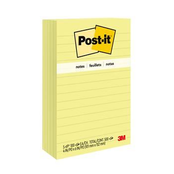 Post-it&#174; Notes, 4 in x 6 in, Canary Yellow, Lined, 5/Pack