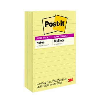 Post-it Super Sticky Notes, 4 in x 6 in, Canary Yellow, Lined, 5 Pads/Pack