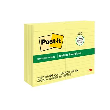 Post-it Greener Notes, 4 in x 6 in, Canary Yellow, Lined, 12 Pads/Pack