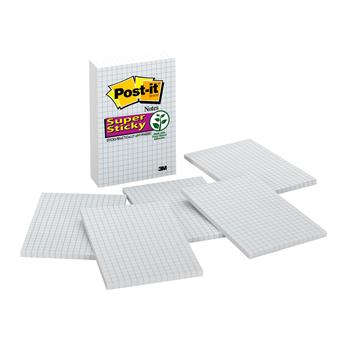 Post-it Super Sticky Notes, 4 in x 6 in, White with Blue Grid, 6 Pads/Pack