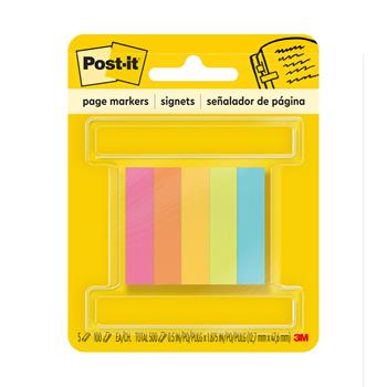 Post-it Page Markers, Assorted Colors, .5 in x 1.875 in, 100 Sheets/Pad, 5 Pads/Pack