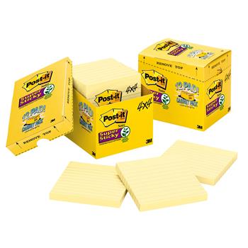 Post-it&#174; Super Sticky Notes, Cabinet Pack, 4 in x 4 in Canary, Lined, 12/Pack
