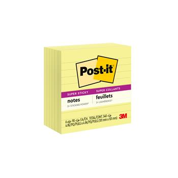 Post-it&#174; Super Sticky Notes, 4 in x 4 in, Canary Yellow, Lined, 6/Pack