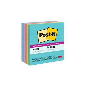 Post-it&#174; Super Sticky Notes, 4 in. x 4 in., Supernova Neons Collection, Lined, 90 Sheets/Pad, 6/Pack