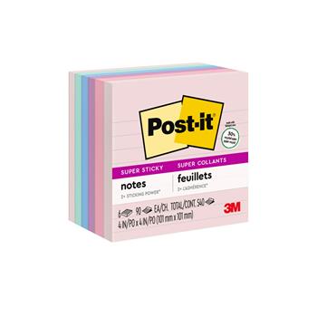 Post-it&#174; Recycled Super Sticky Notes, 4 in x 4 in, Wanderlust Pastels Collection, Lined, 6/Pack
