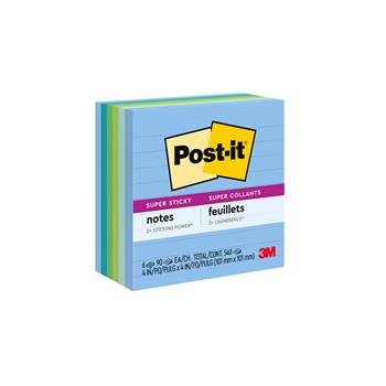 Post-it&#174; Recycled Super Sticky Notes, 4 in x 4 in, Oasis Collection, Lined, 90 Sheets/Pad, 6 Pads/Pack