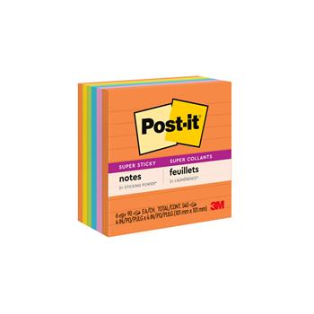 Post-it&#174; Super Sticky Notes, 4 in x 4 in, Energy Boost Collection, Lined, 6/Pack