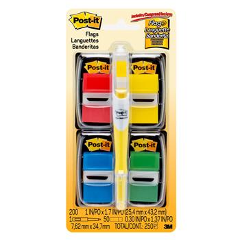 Post-it Flags Value Pack, 1 in Wide, Assorted Colors, 50 Flags/Dispenser, 4 Dispensers/Pack