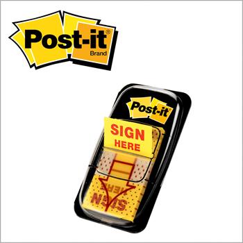 Post-it Message Flags Value Pack, &quot;Sign Here&quot;, 1 in Wide, Yellow, 50 Flags/Dispenser, 12 Dispensers/Pack