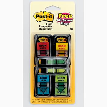 Post-it Message Flags Value Pack, &quot;Sign Here&quot;, 1 in Wide, Assorted Colors, 50 Flags/Dispenser, 200 Flags/Pack