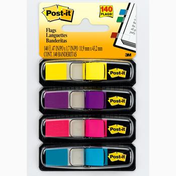 Post-it Flags, Assorted Bright Colors, .47 in Wide, 35/Dispenser, 4 Dispensers/Pack
