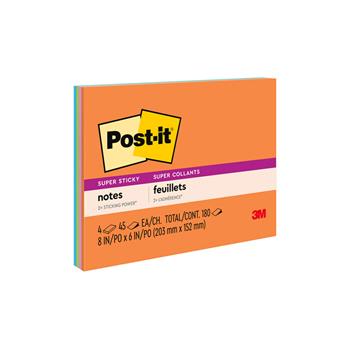 Post-it&#174; Super Sticky Notes, 8 in x 6 in, Energy Boost Collection, 45 Sheets/Pad, 4/Pack