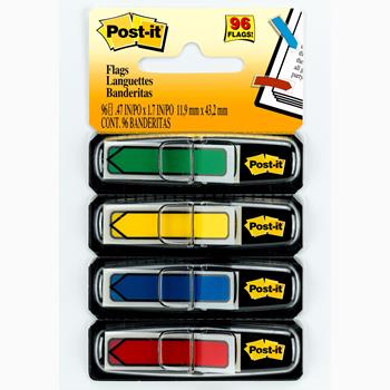 Post-it Arrow Flags, Assorted Primary Colors, .47 in Wide, 24/Dispenser, 4 Dispensers/Pack