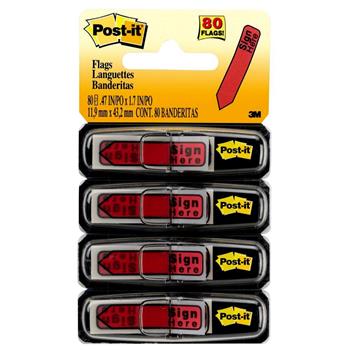 Post-it Message Flags, &quot;Sign Here,&quot; Red, 0.47 in Wide, 20/Dispenser, 4 Dispensers/Pack