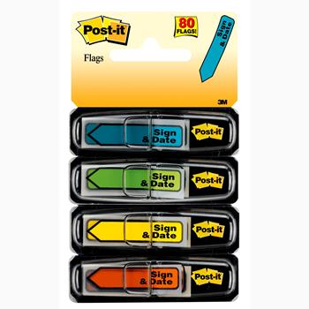 Post-it Message Flags, &quot;Sign and Date&quot;, .47 in Wide, Assorted Colors, 20 Flags/Dispenser, 80 Flags/Pack