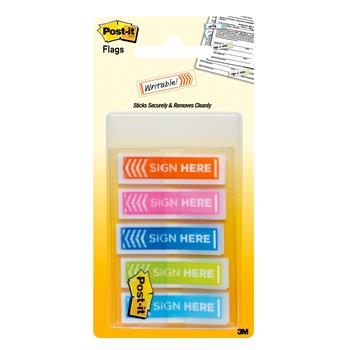 Post-it Printed Flags, &quot;Sign Here,&quot; Assorted Colors, .47 in Wide, 20/Color, 100 Flags/Dispenser, 1 Dispenser/Pack