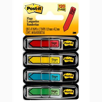 Post-it Message Flags, &quot;Sign Here,&quot; Assorted Colors, .47 in Wide, 30/Dispenser, 4 Dispensers/Pack