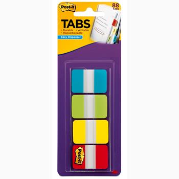 Post-it Tabs, 1 in Solid, Aqua, Lime, Yellow, Red, 22/Color, 88/Pack