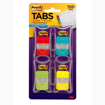 Post-it Tabs, 1 in Solid, Assorted Colors, 25 Tabs/Color, 4 Dispensers/Pack