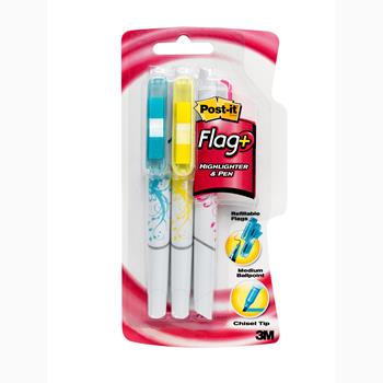 Post-it Flag + Highlighter/Pen, Yellow, Blue, Pink Highlighters, Flags, Black Ink, 3/Pack