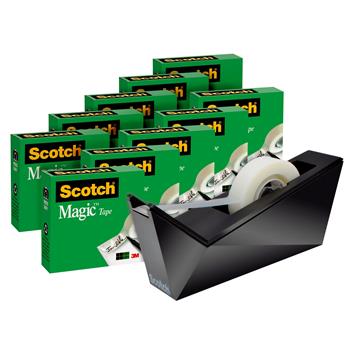 Scotch Tape, 3/4 in x 1000 in, 10 Boxes of Tape and 1 C-17 Metallic Black Desktop Dispenser/Pack
