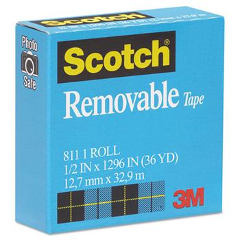 Scotch Removable Tape, 1/2&quot; x 1296&quot;, 1&quot; Core, Transparent