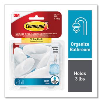 Command Medium Bath Hooks Value Pack, Plastic, White, 3 lb Capacity, 6 Hooks and 6 Strips