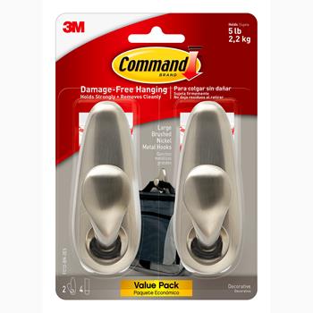 Command Large Forever Classic Hook, Brushed Nickel, 2 Hooks and 4 Strips/Pack