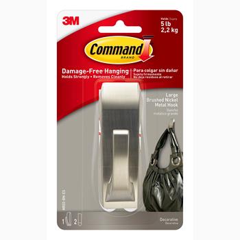 Command Large Modern Reflections Hook, Brushed Nickel, 1 Hook and 2 Strips/Pack