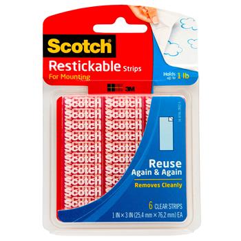 Scotch Restickable Strips 1 in x 3 in, Clear, 6/Pack