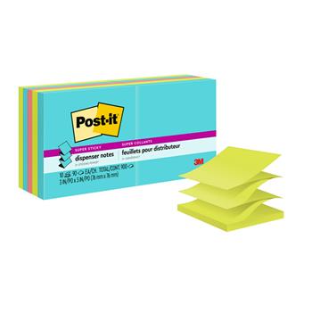 Post-it&#174; Super Sticky Dispenser Pop-up Notes, 3 in. x 3 in., Supernova Neons Collection, 90 Sheets/Pad, 10/Pack