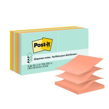 Post-it Dispenser Pop-up Notes, 3 in x 3 in, Beachside Cafe Collection, 100 Sheets/Pad, 12 Pads/Pack