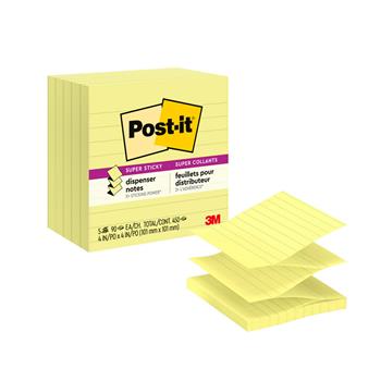 Post-it&#174; Super Sticky Dispenser Pop-up Notes, 4 in x 4 in Canary Yellow, Lined, 5 Pads/Pack