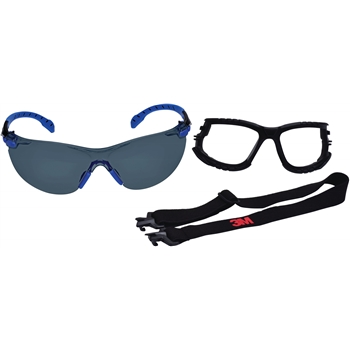 3M Solus™ Safety Glasses 1000-Series Kit, Foam-Lined Gasket, Elastic Strap, Black/Blue, Clear Scotchgard™ Anti-Fog Lens