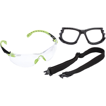 3M Solus™ Safety Glasses 1000-Series Kit, Foam-Lined Gasket, Elastic Strap,Green/Black, Clear Scotchgard™ Anti-Fog Lens