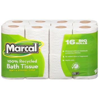 Marcal 100% Recycled Bath Tissue, White, 2-Ply, 4&quot; x 4&quot;, 168 Sheets/RL, 16 Rolls/PK